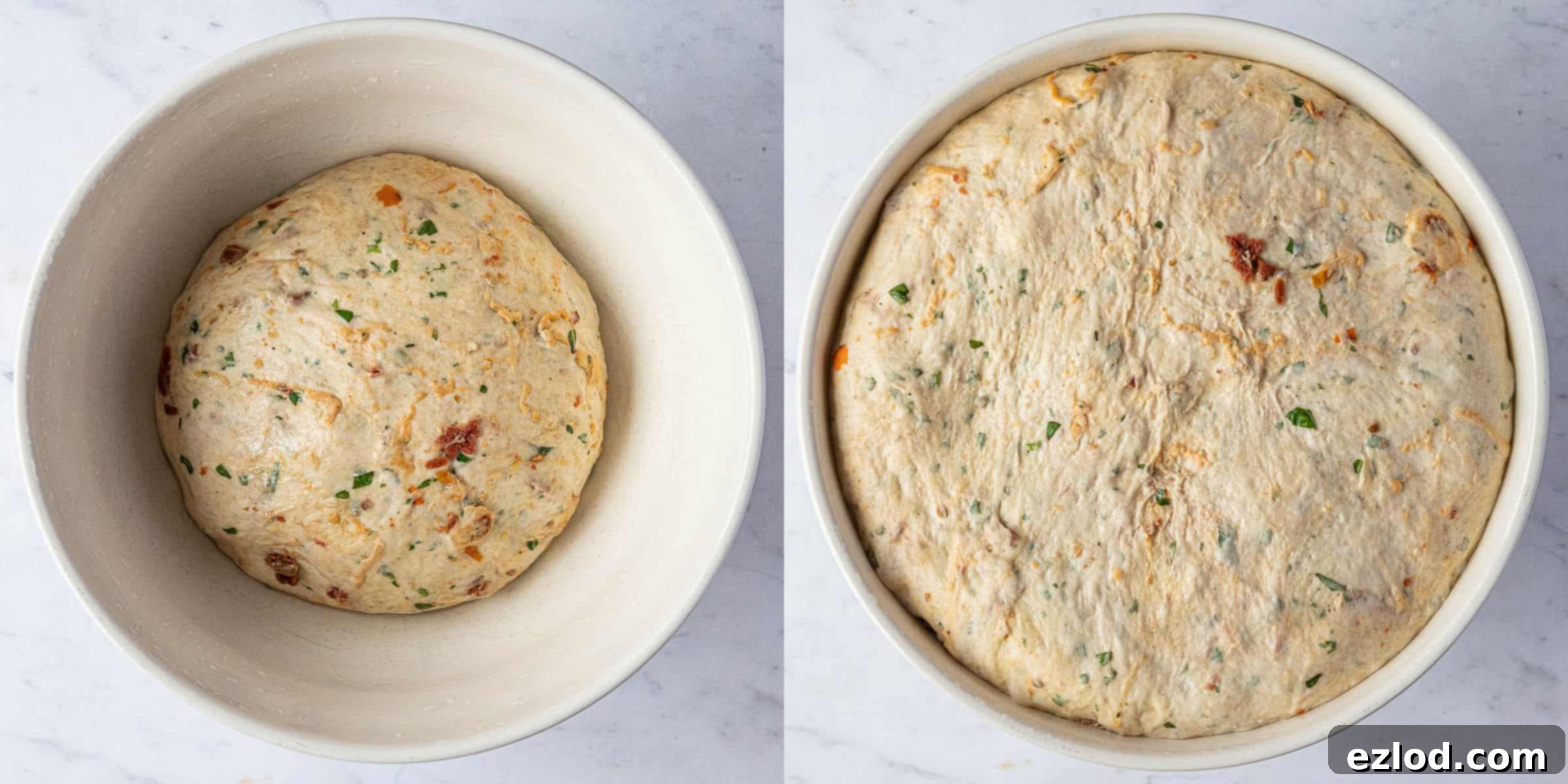 Artisan Sun Dried Tomato Breadsticks 6 Step 3, a two image collage of the dough before and after rising.