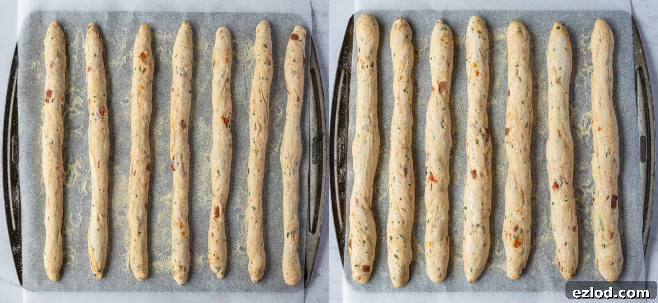 Artisan Sun Dried Tomato Breadsticks 7 Step 4, a two image collage of the breadsticks before and after rising.
