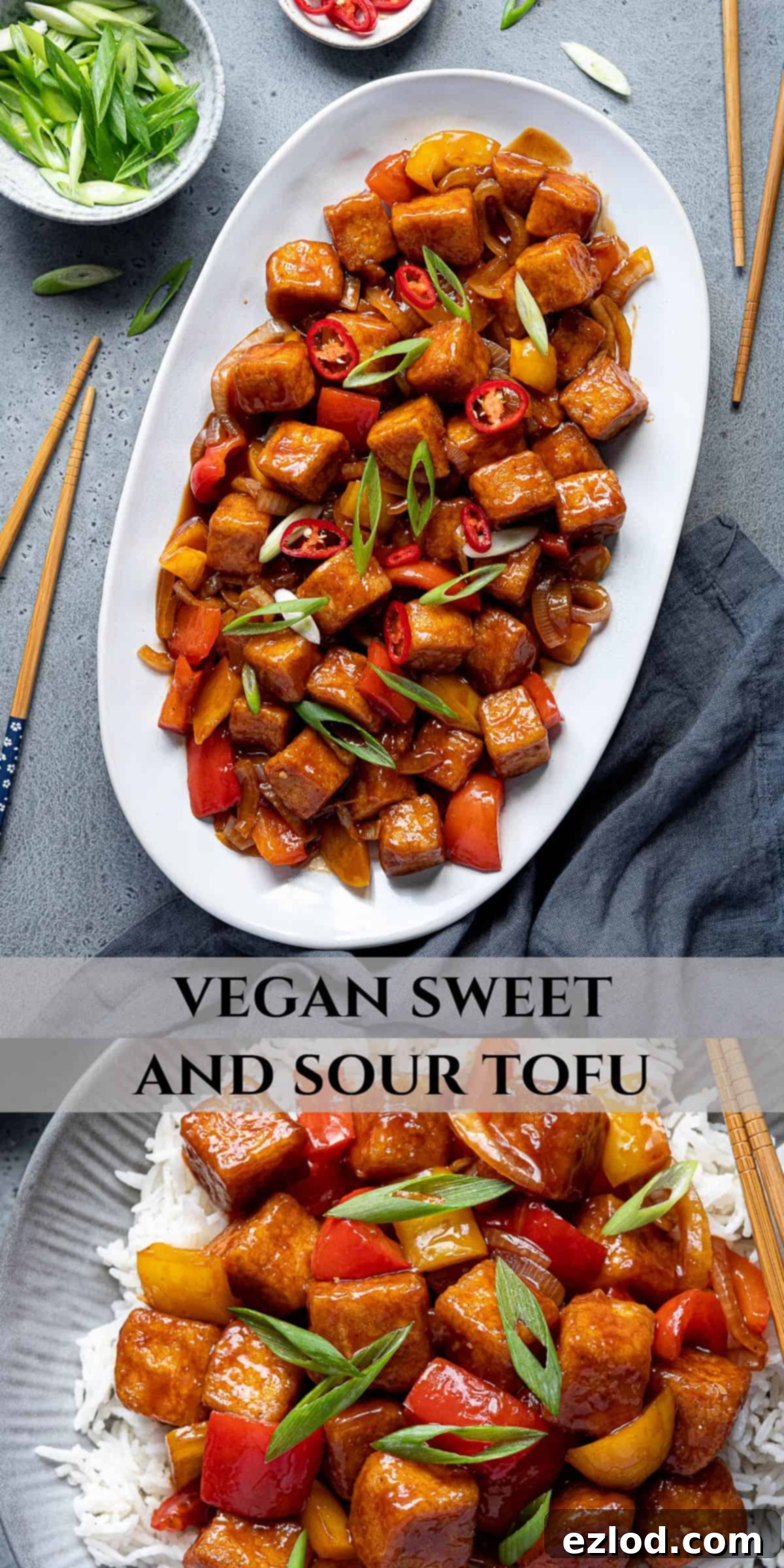 Pinterest collage image featuring multiple shots of crispy sweet and sour tofu: on a plate, close-up, and served with rice.