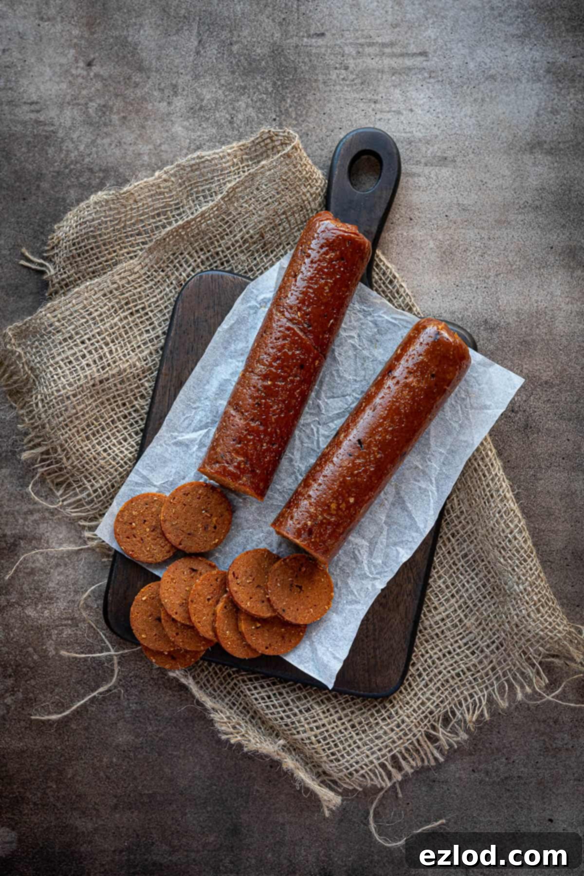 Two seitan pepperoni sausages on a wooden serving board.
