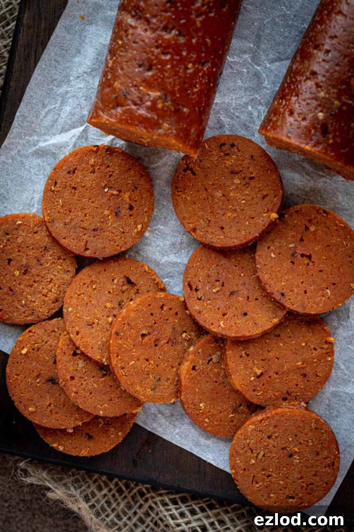 Close up of slices of seitan pepperoni.
