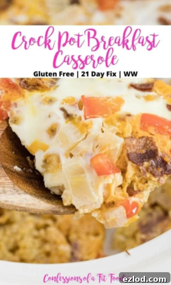 Pinterest graphic overlayed with text for a Low Carb Crock Pot Breakfast Casserole recipe