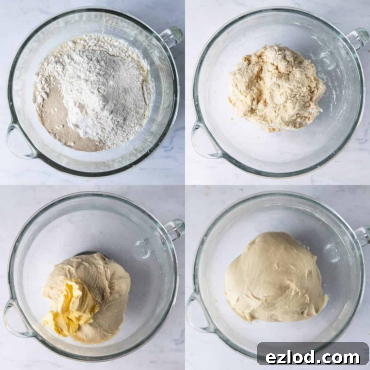 Step 2, a 4 image collage of making the bread dough.