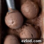 Close up view of several perfectly scooped portions of vegan malted chocolate ice cream, highlighting its smooth texture and inviting appeal.