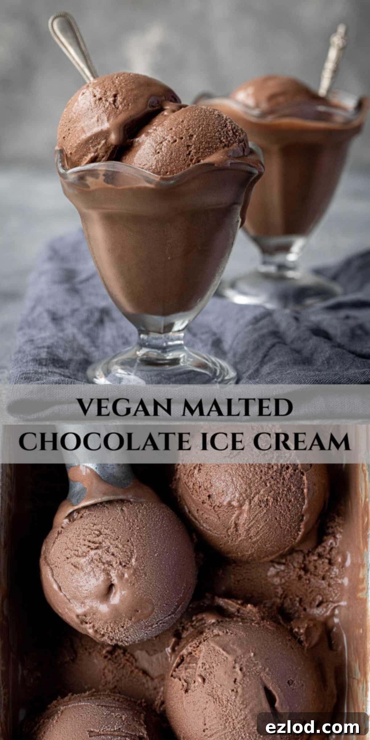 Pinterest collage image featuring multiple enticing photos of the vegan malted chocolate ice cream, highlighting its texture and presentation.