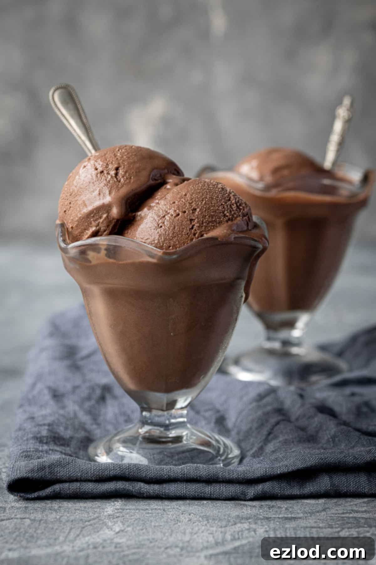Two elegant dessert glasses filled with homemade malted chocolate vegan ice cream, ready to be enjoyed.