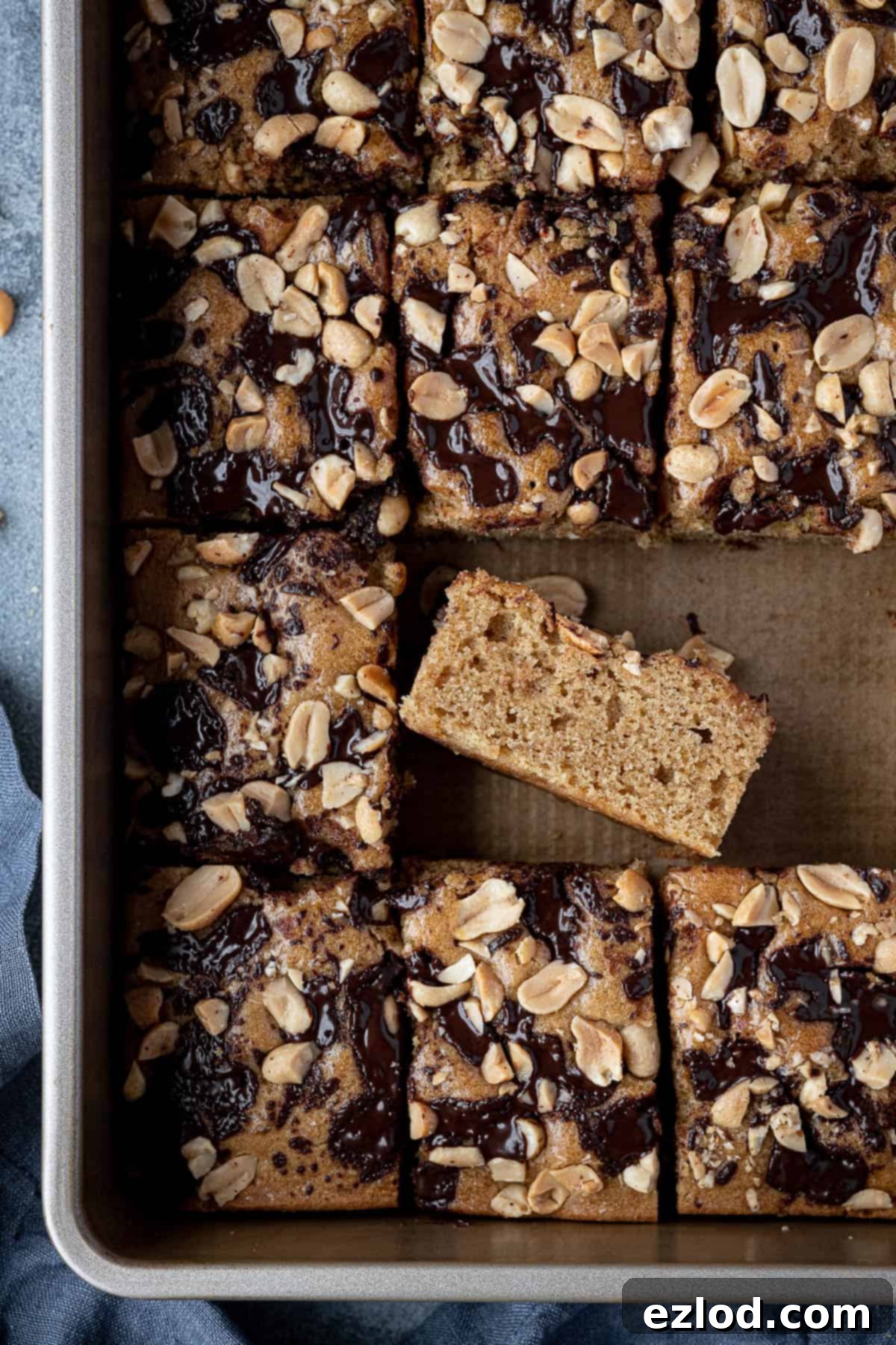Squares of vegan peanut butter cake in a cake tin, showcasing its moist texture and peanut-chocolate topping.
