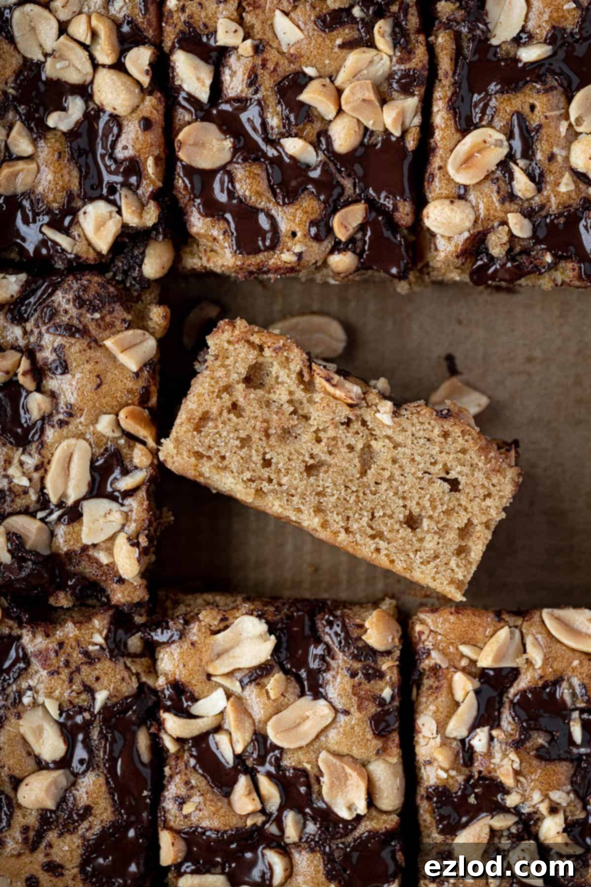 Close up of a square slice of vegan peanut butter cake, showing the moist crumb and peanut-chocolate topping.