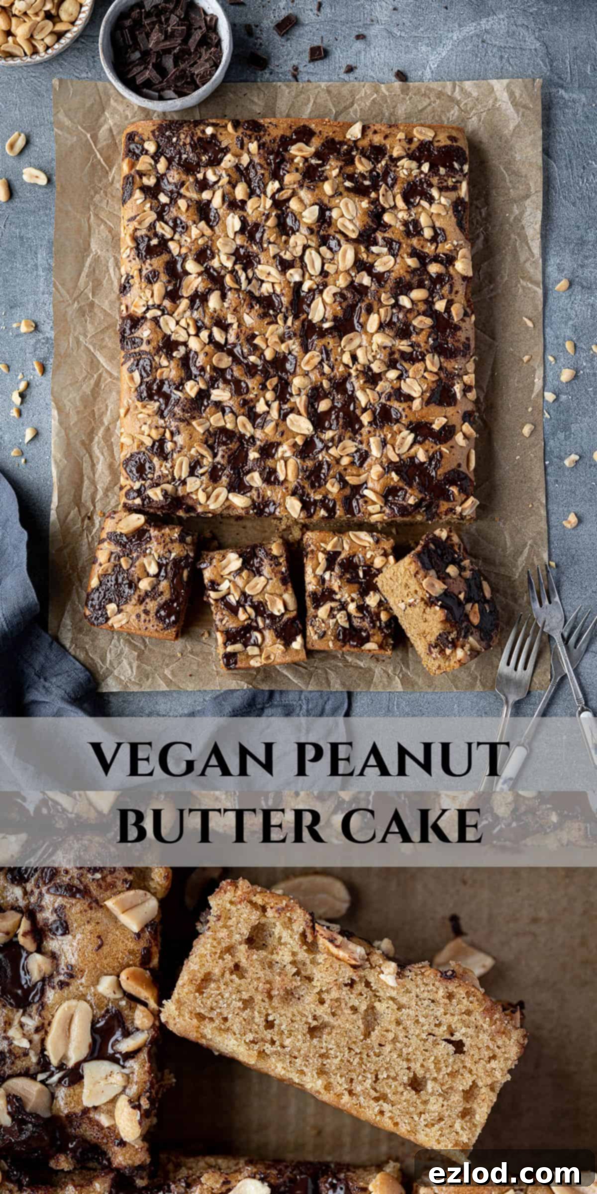 A Pinterest collage image featuring multiple enticing photos of the vegan peanut butter sheet cake.