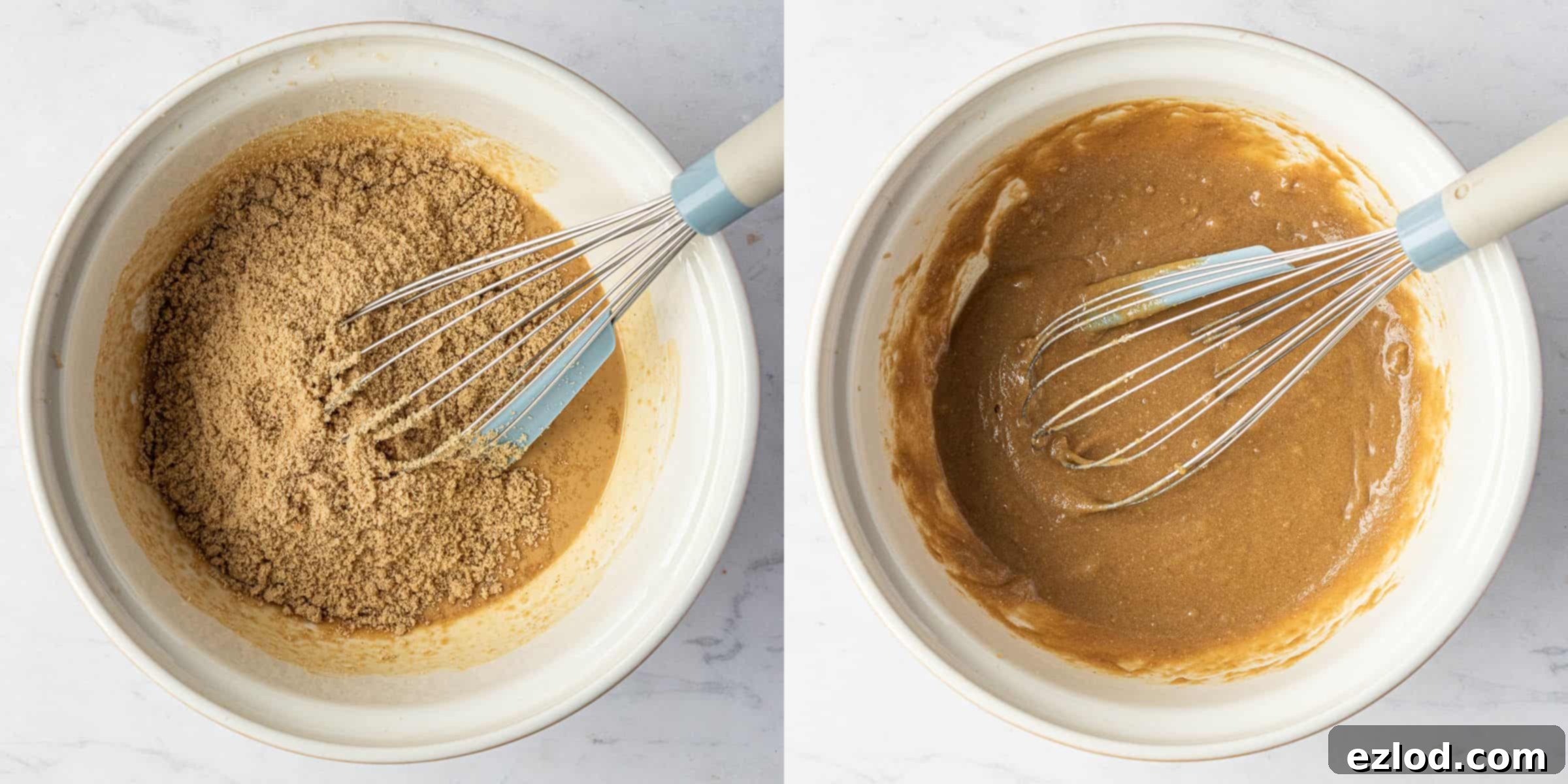 Step 2: A two-image collage illustrating the addition of light brown sugar to the peanut butter mixture and whisking until fully combined.