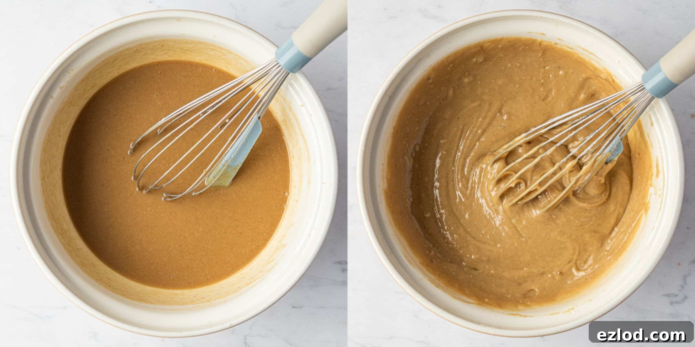 Step 3: A two-image collage showing the cake batter before and after gently stirring in the dry ingredients, highlighting the smooth consistency.