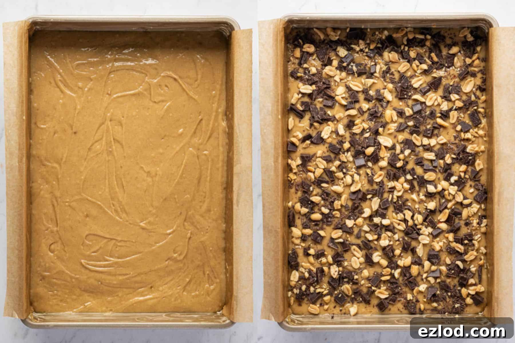Step 4: A two-image collage depicting the cake batter being poured into the prepared tin and then topped generously with chopped chocolate and peanuts.