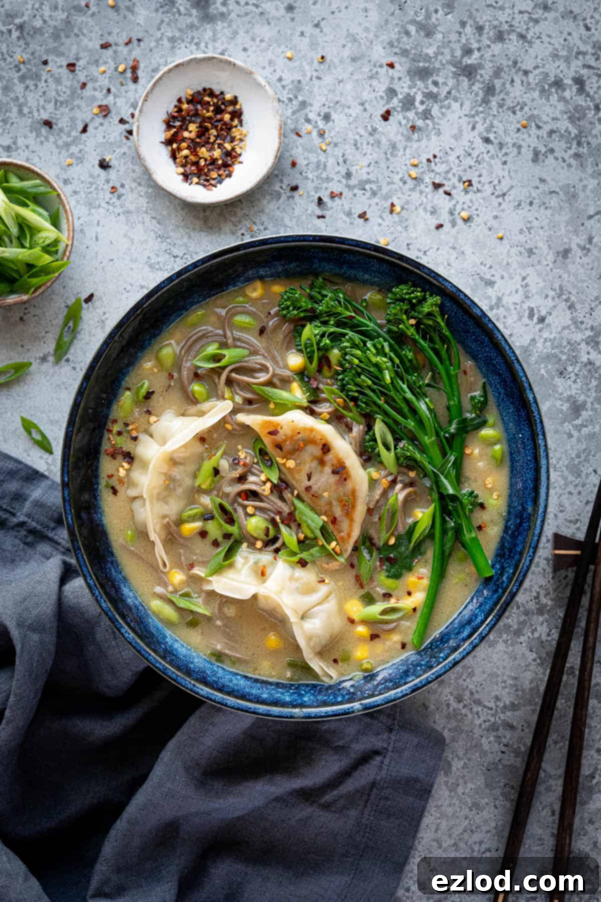 A bowl of coconut gyoza noodle soup with bowls of chilli flakes and spring onions.
