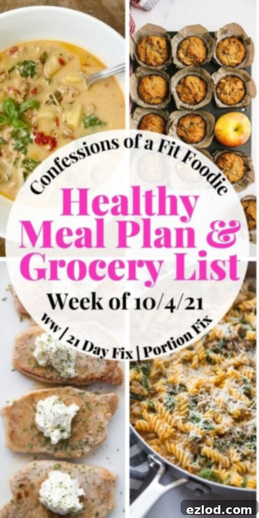 Food photo collage with pink and black text on a white circle. Text says "Healthy Meal Plan & Grocery List | Week of 10/4/21"