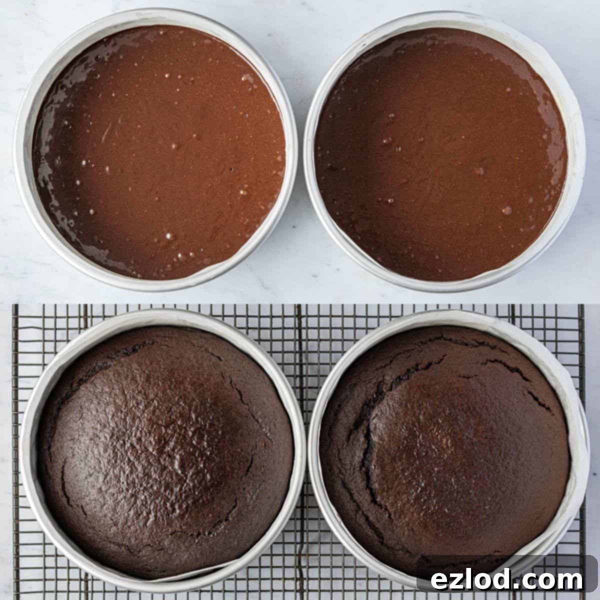 Step 3, a two image collage of the cakes before and after baking.