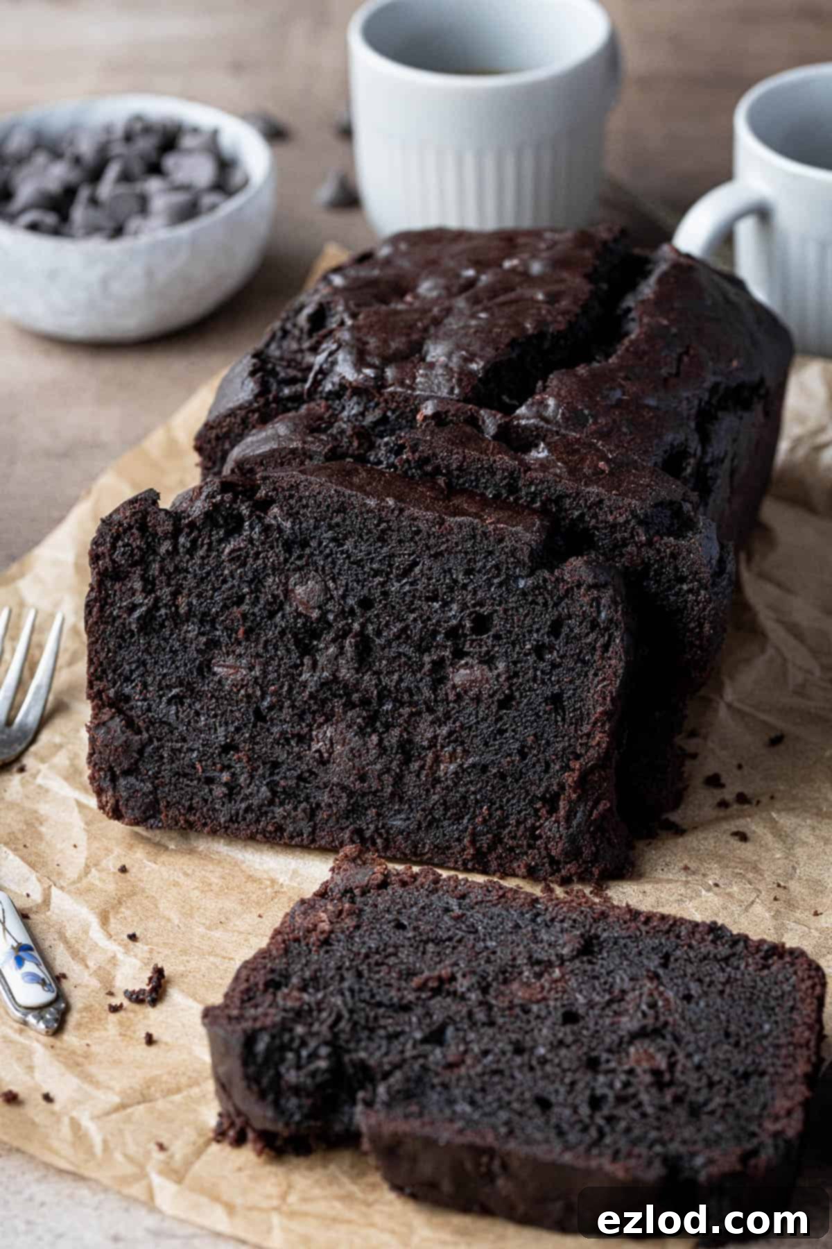 The sliced cake with coffee cups and a bowl of chocolate chips.