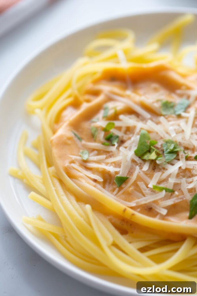 High angle close up photo of fettuccine topped with pumpkin alfredo sauce, shredded cheese and parsley.