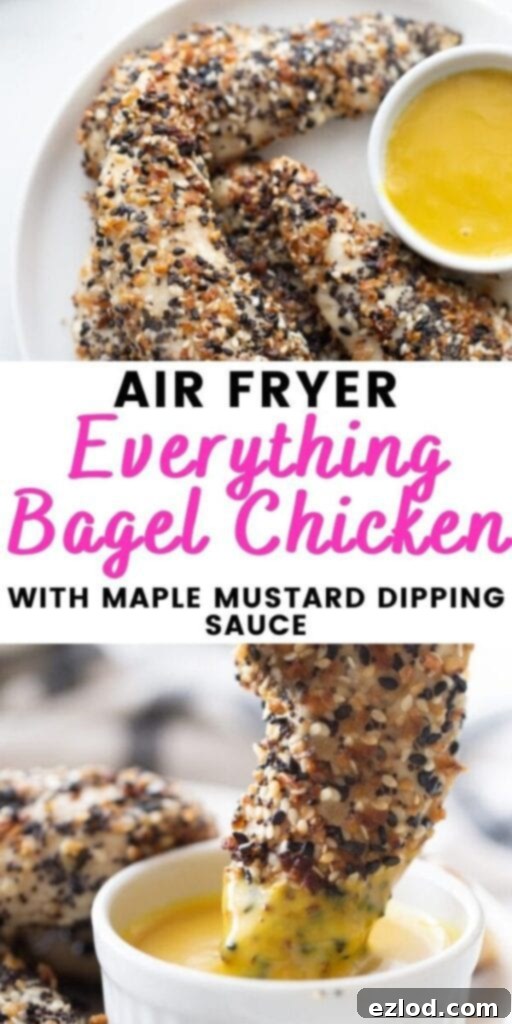 Pinterest image with text overlay for air fryer chicken tenders with everything bagel seasoning and maple mustard dipping sauce.