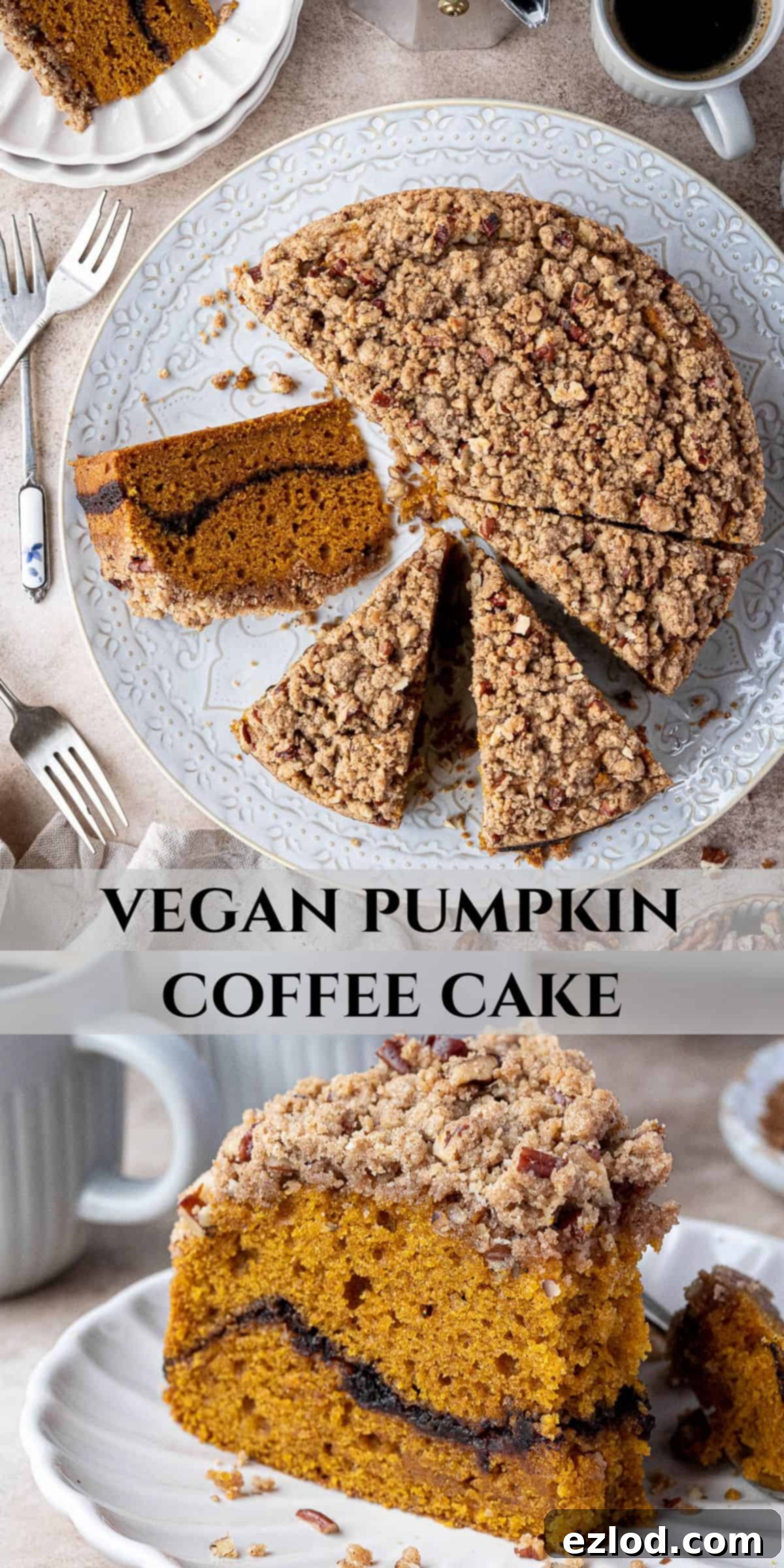 Pinterest collage image featuring multiple angles of the vegan pumpkin coffee cake.