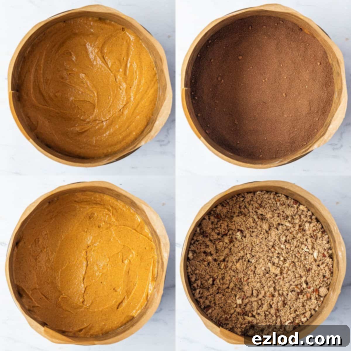 A four-image collage showing the assembly of the cake layers in the tin: first batter, then cinnamon sugar, then second batter, then streusel topping.