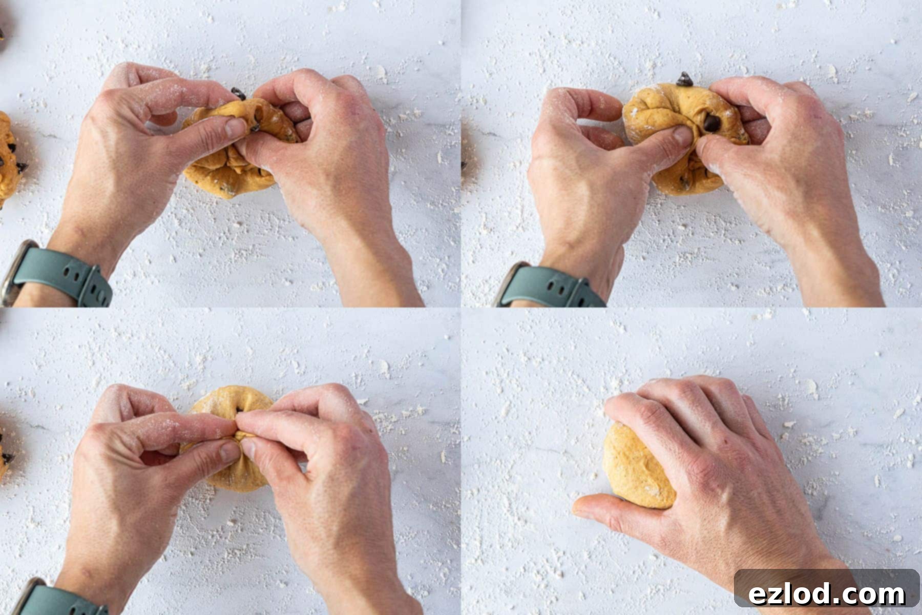 A four-image collage demonstrating the step-by-step process of shaping dough into a smooth, round roll.