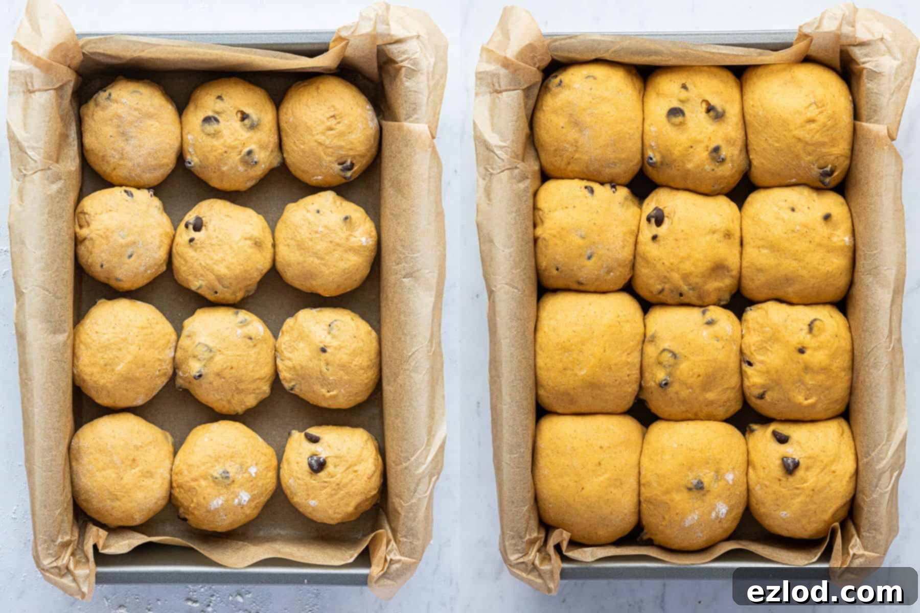 A two-image collage showing the shaped rolls before and after their second rise, appearing visibly puffed up.