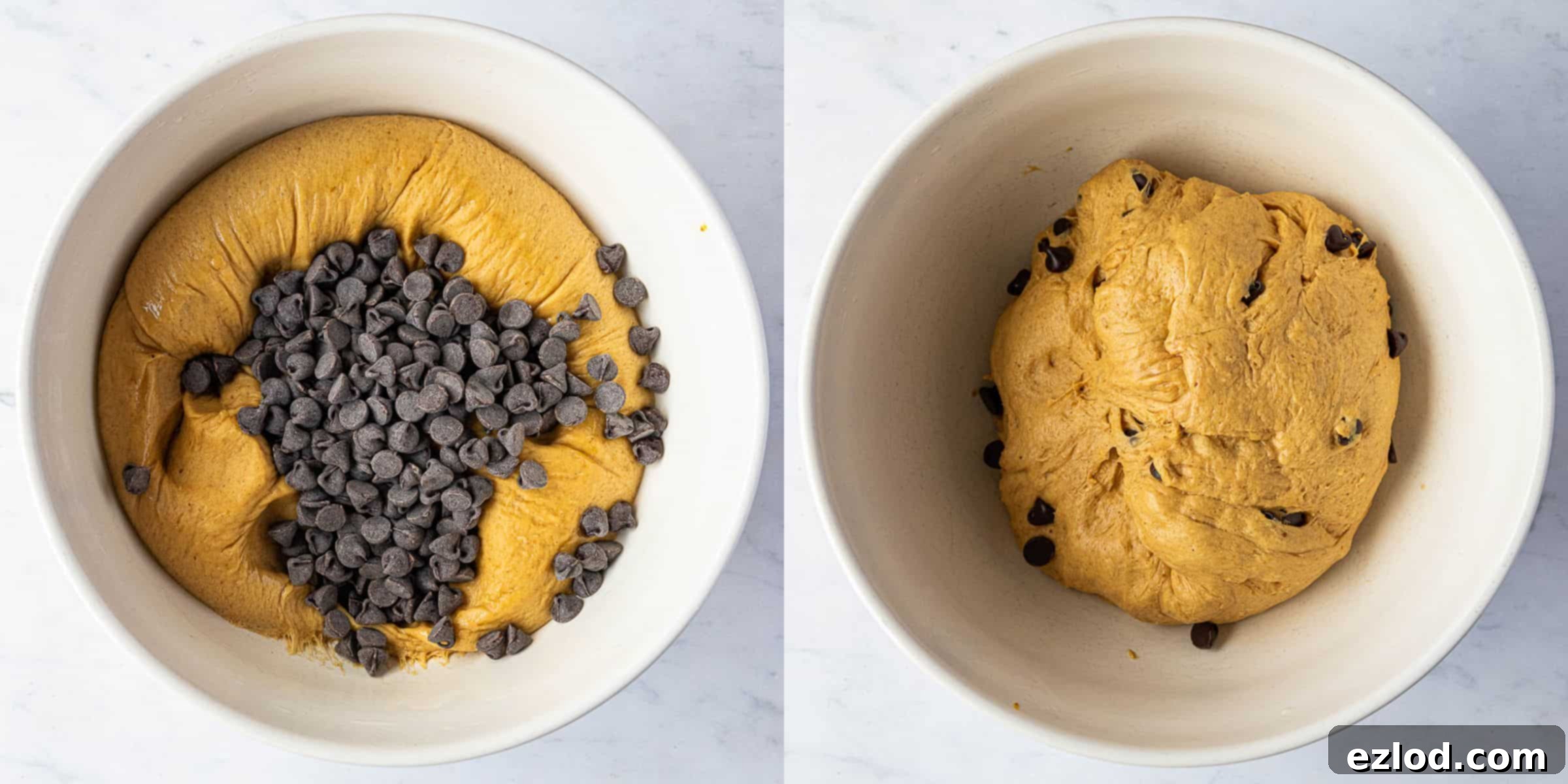 A two-image collage illustrating the process of adding chocolate chips to the punched-down dough and kneading them in.