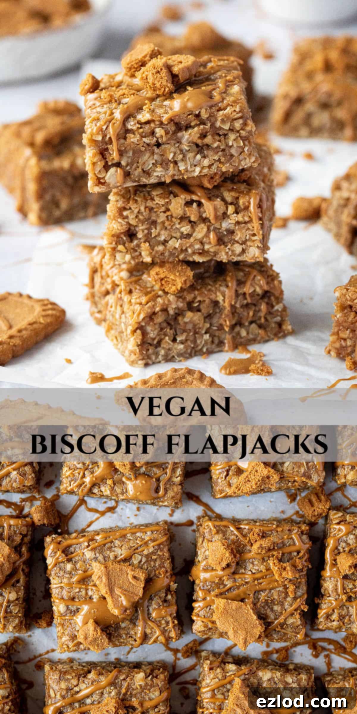 Pinterest collage image for Vegan Biscoff Flapjacks featuring multiple shots of the finished product.
