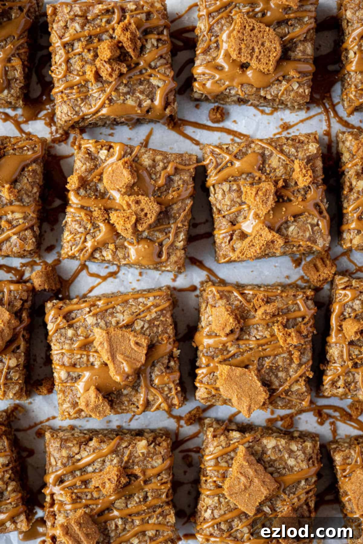 Close up of vegan Biscoff flapjacks, showing the chewy texture and Biscoff drizzle.