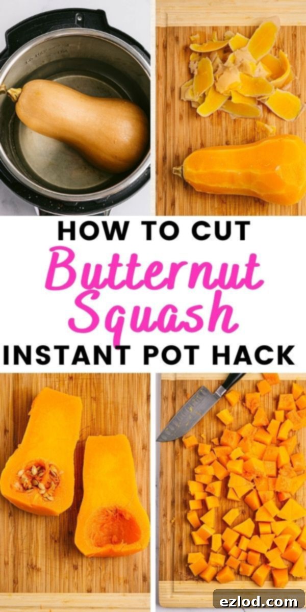 Photo collage with pink and black text on a white rectangle. Text says, "How to Cut Butternut Squash Instant Pot Hack", serving as a visual summary or pin for the article.