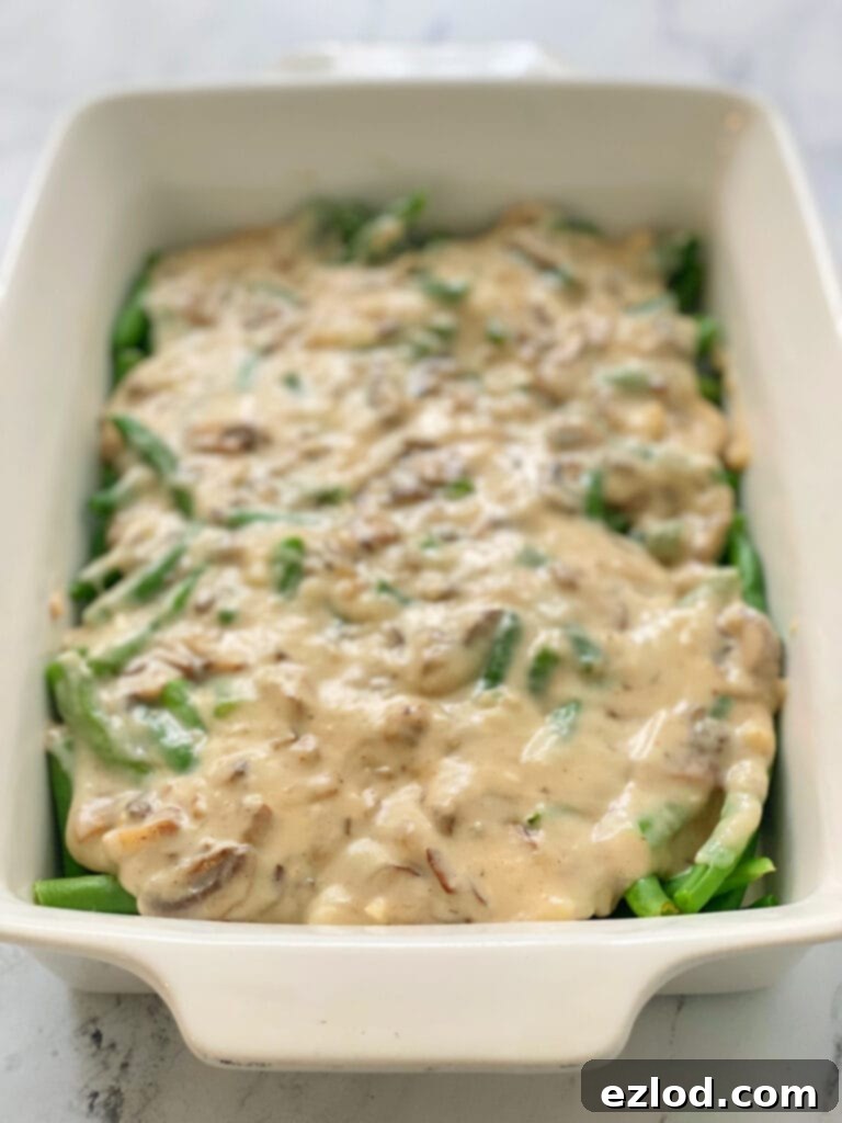 Wholesome Gluten Free Green Bean Casserole 5 High angle view: fresh green beans topped with rich homemade mushroom alfredo sauce in a casserole dish, ready for the crispy topping.