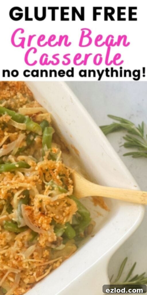 Wholesome Gluten Free Green Bean Casserole 7 Green bean casserole in a white casserole dish with black and pink text on a white rectangle. Text says "Gluten Free Green Bean Casserole | No Canned Anything!" highlighting its healthy, homemade nature.