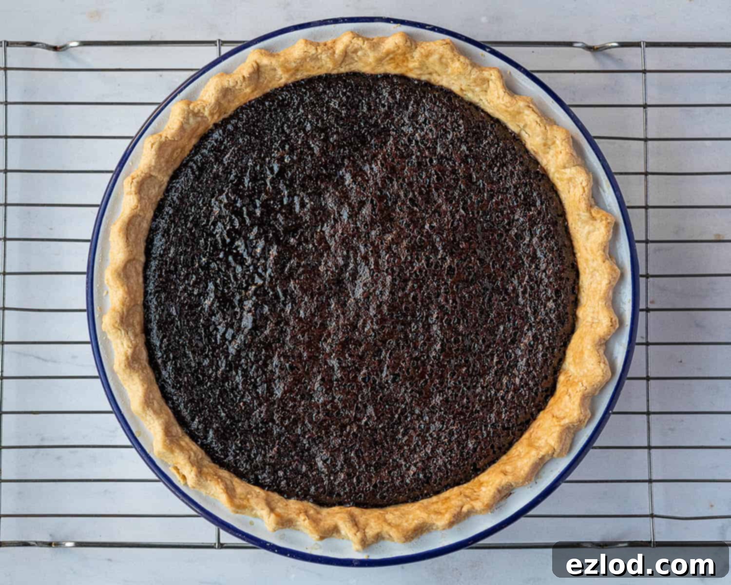 Step 8: The baked vegan chocolate chess pie, golden around the edges and with a perfectly set, fudgy filling.