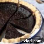 Close up of the sliced chocolate chess pie.