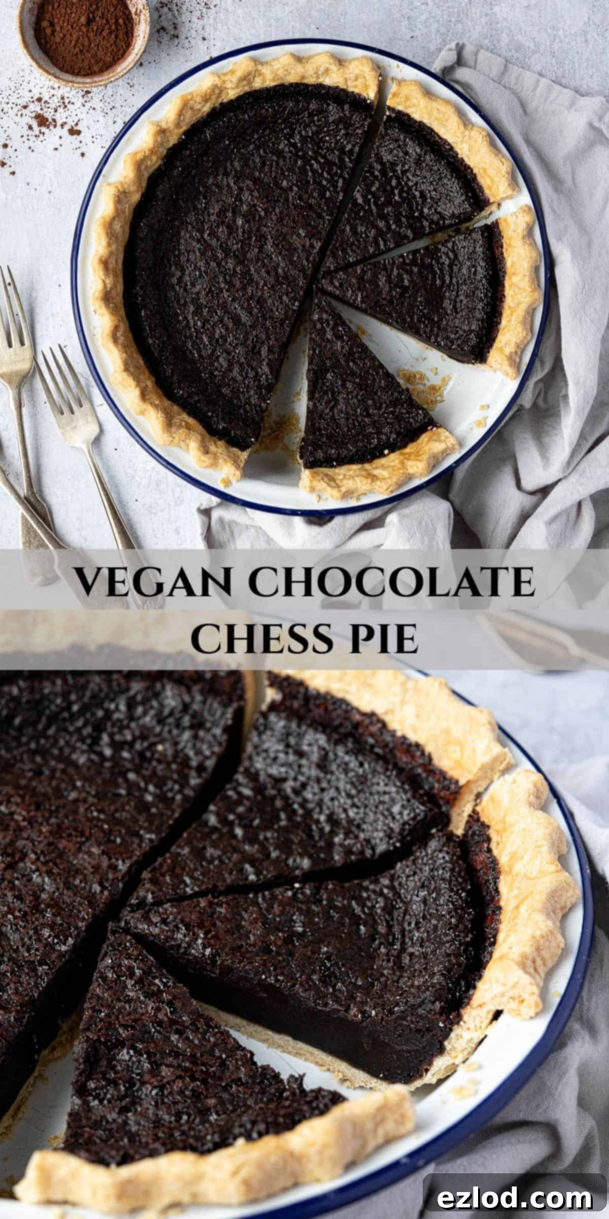 A Pinterest collage image featuring multiple appealing shots of the vegan chocolate chess pie, perfect for social sharing.