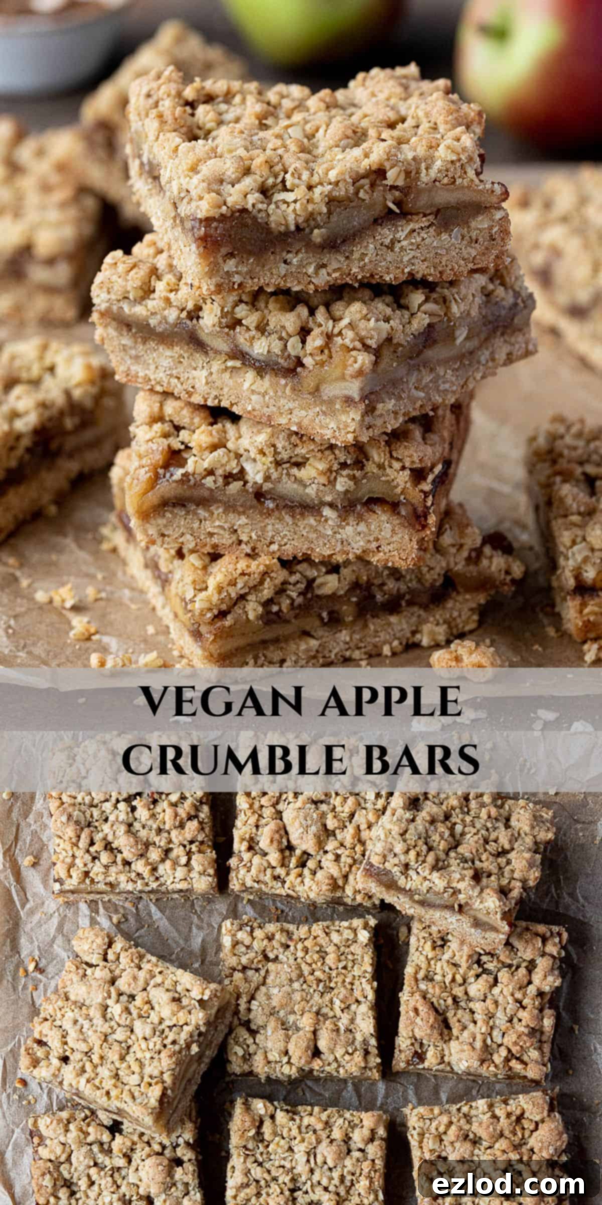 Pinterest collage image featuring a stack of vegan apple crumble bars and individual bar close-ups.