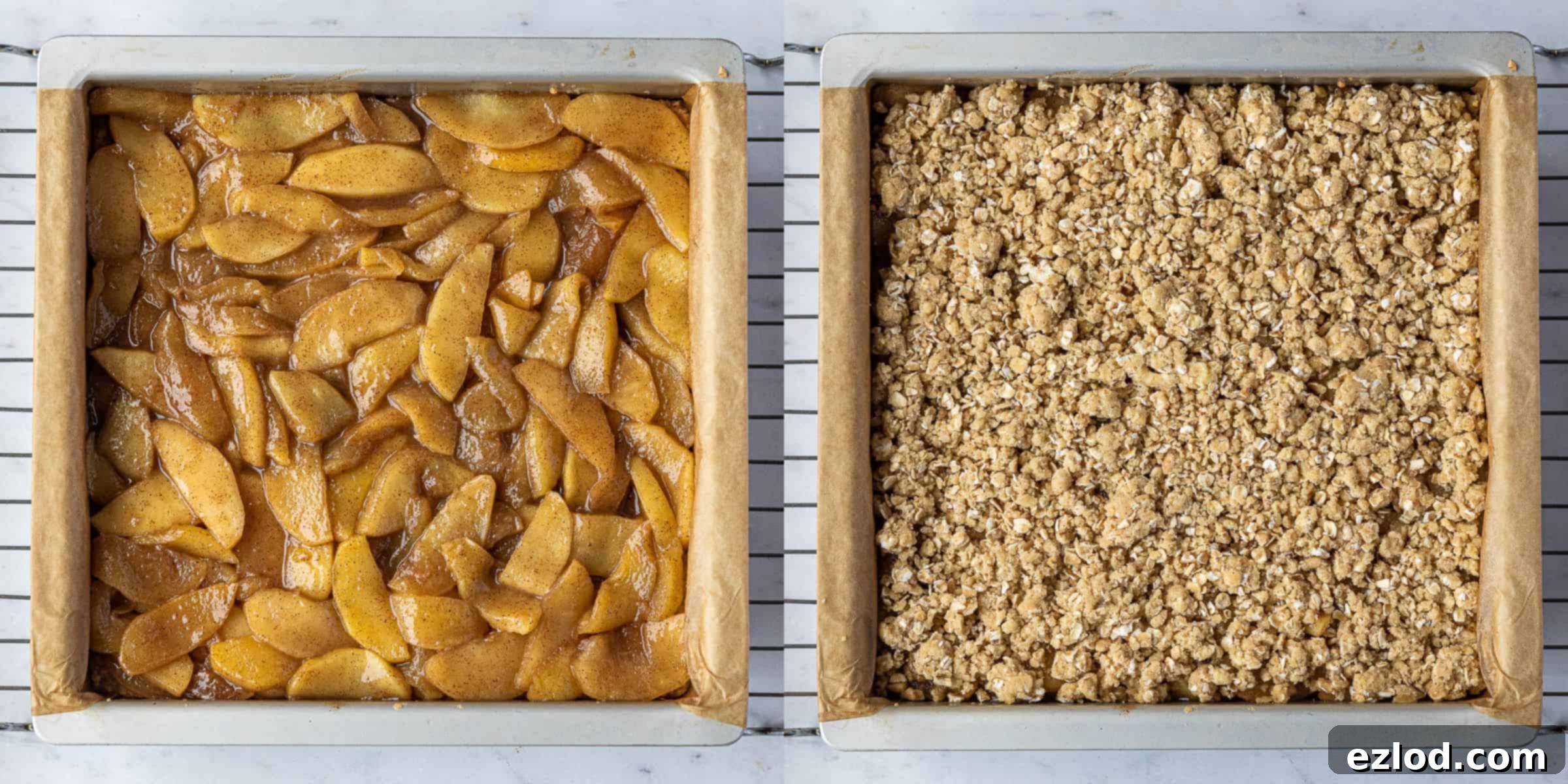 Step-by-step image showing a two-image collage of the assembly process: spreading the apple filling over the base and then scattering the crumble topping.