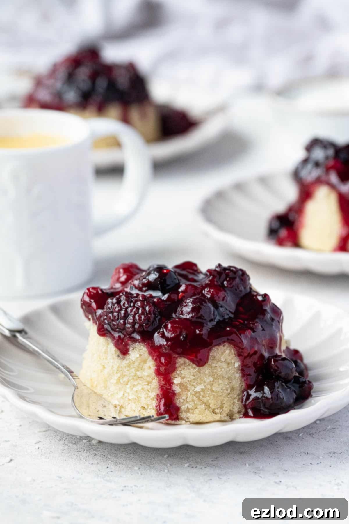 Three individual vegan berry and coconut steamed puddings on white plates, served with a jug of creamy vegan custard.