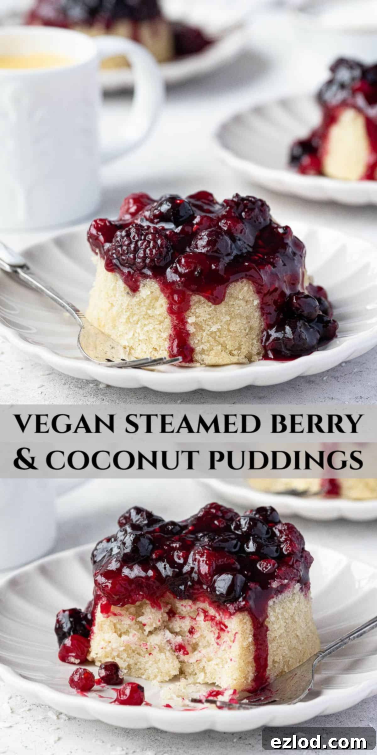 Pinterest collage image featuring multiple angles of vegan berry and coconut steamed puddings, ideal for sharing on social media.
