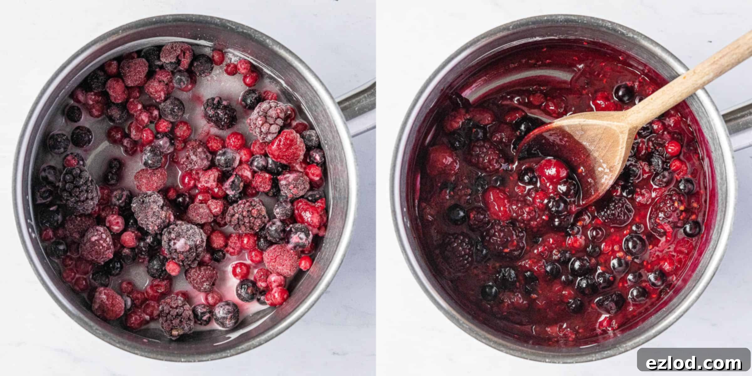 Two-image collage showing the process of making the berry compote: frozen berries and sugar in a pan, and the thickened compote simmering.
