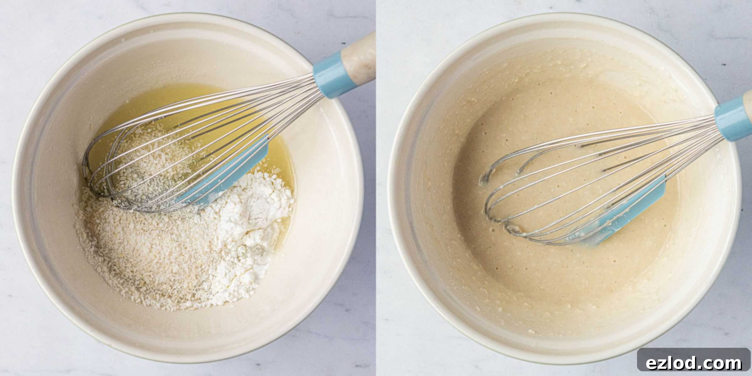 Two-image collage demonstrating the preparation of the coconut sponge batter: wet ingredients being whisked, and dry ingredients added.