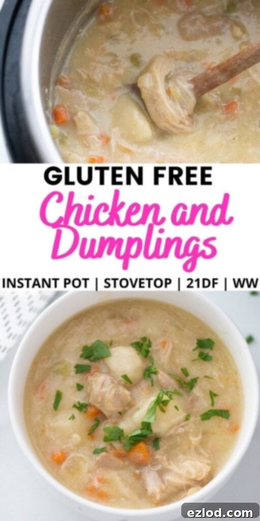 Two photo collage with pink and black text on a white rectangle. Top photo: Chicken and Dumplings in the Instant Pot. Bottom photo: Chicken and Dumplings in a white bowl.