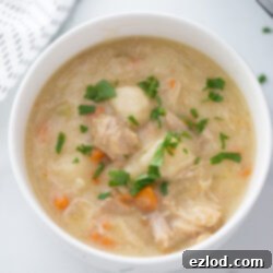 A steaming bowl of healthy Instant Pot Chicken and Dumplings, garnished with fresh parsley.