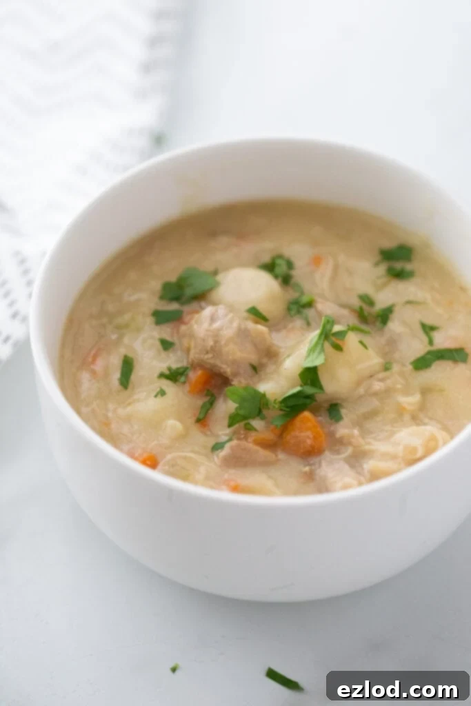 White bowl full of Chicken and Dumplings, topped with fresh parsley.