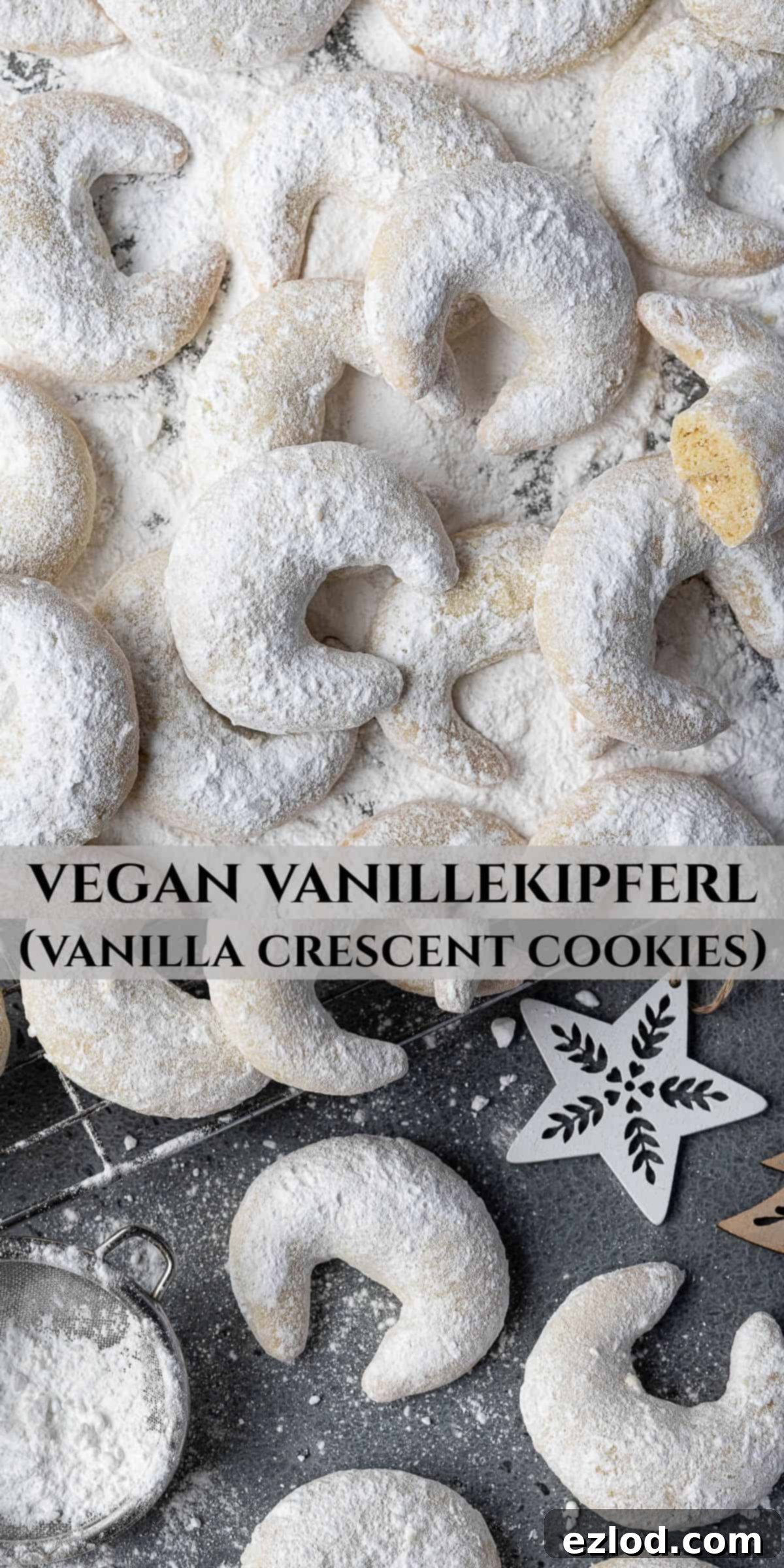 A Pinterest collage image featuring various shots of Vegan Vanillekipferl, emphasizing their festive appeal and deliciousness.