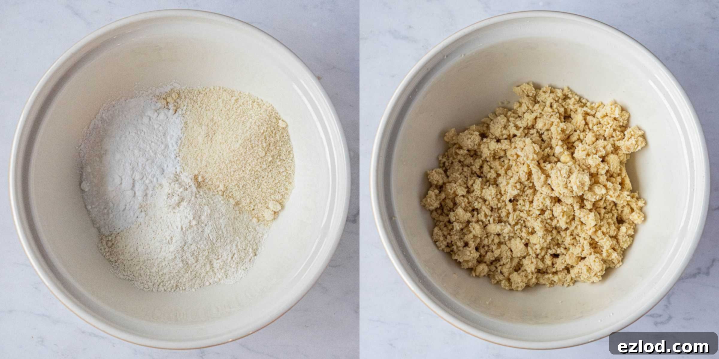 A two-image collage showing the process of mixing dry ingredients and rubbing in cold butter for Vanillekipferl dough.