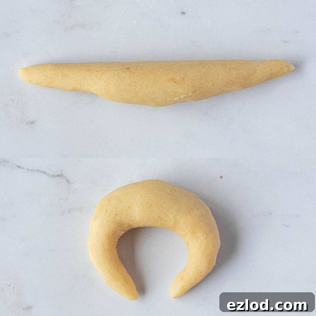 A two-image collage demonstrating the steps: rolling dough into a log and then shaping it into a crescent for Vanillekipferl.