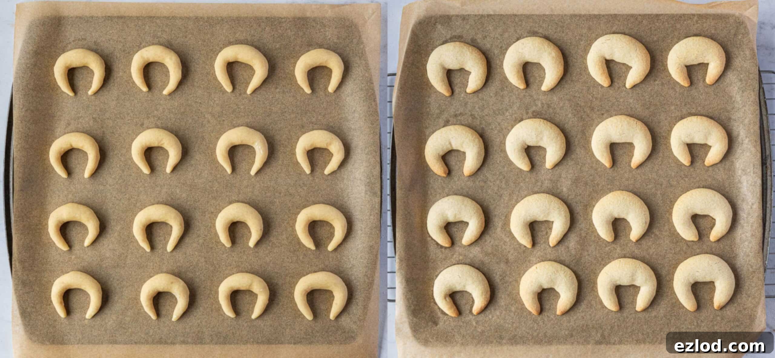 A two-image collage showing Vanillekipferl before baking on a tray and after baking, lightly golden.