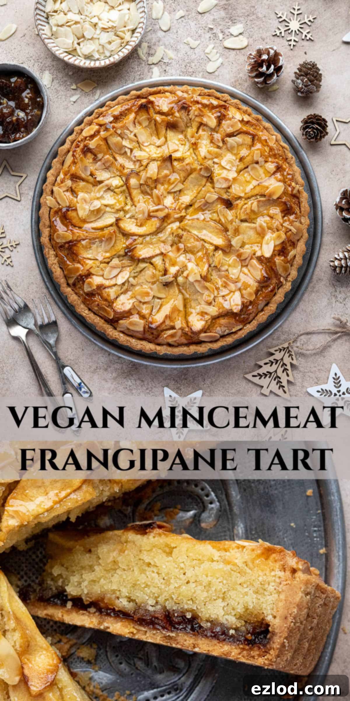 A Pinterest collage image featuring multiple enticing shots of the vegan mincemeat frangipane tart, designed for social sharing.