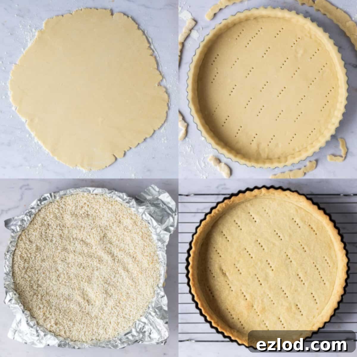 A single image showing a tart crust lined with baking paper and baking beans, ready for blind baking.